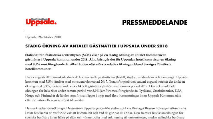 Stadig ökning av antalet gästnätter i Uppsala under 2018