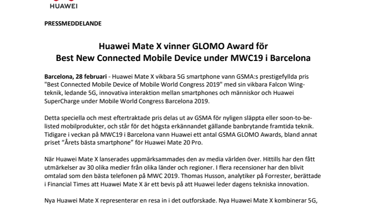 Huawei Mate X vinner GLOMO Award för  Best New Connected Mobile Device under MWC19 i Barcelona