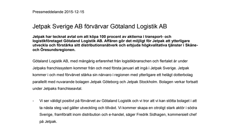 Jetpak Sverige AB förvärvar Götaland Logistik AB