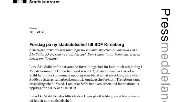 Förslag på ny stadsdelschef till SDF Kirseberg