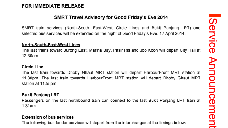 SMRT Travel Advisory for Good Friday’s Eve 2014