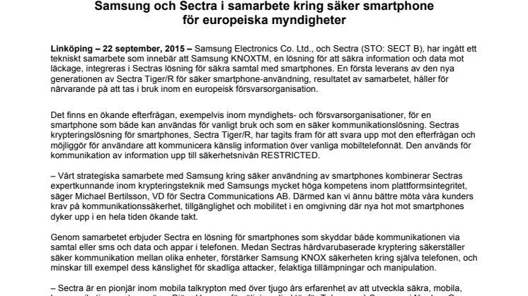 Samsung och Sectra i samarbete kring säker smartphone  för europeiska myndigheter