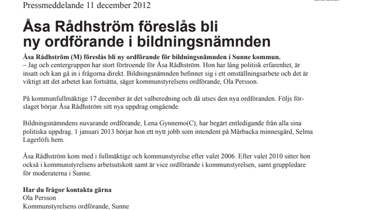 Åsa Rådhström föreslås bli ny ordförande för bildningsnämnden i Sunne