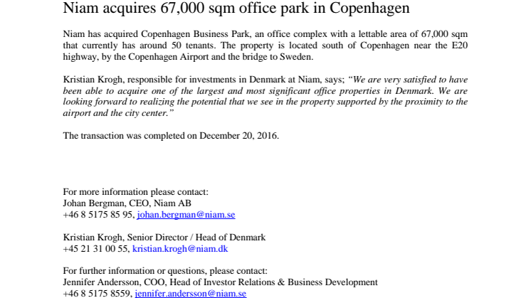 Niam acquires 67,000 sqm office park in Copenhagen