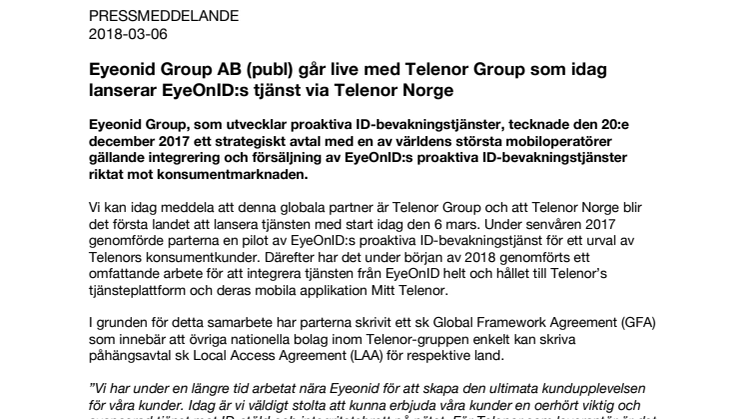 Eyeonid Group AB (publ) går live med Telenor Group som idag lanserar EyeOnID:s tjänst via Telenor Norge