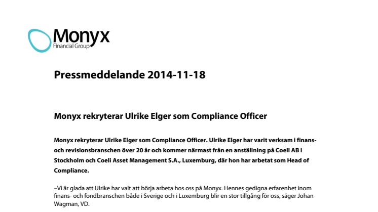 Monyx rekryterar Ulrike Elger som Compliance Officer