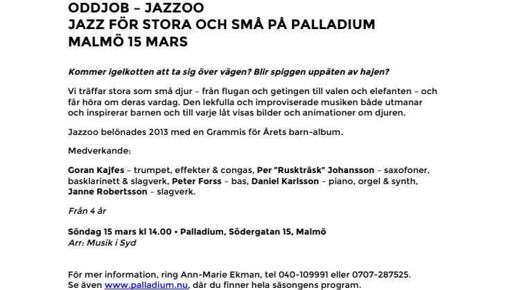 Oddjob – Jazzoo Jazz för stora och små på Palladium Malmö 15 mars