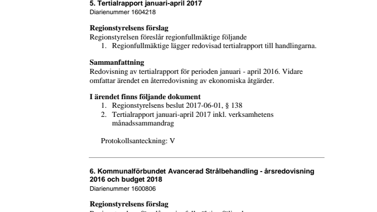 Dagordning regionfullmäktige 2017-06-20
