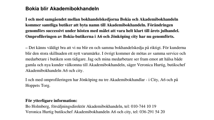 Bokia i Jönköping blir Akademibokhandeln 