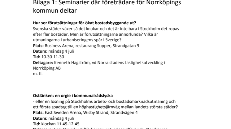 Bilaga 1: Seminarier där företrädare för Norrköpings kommun deltar