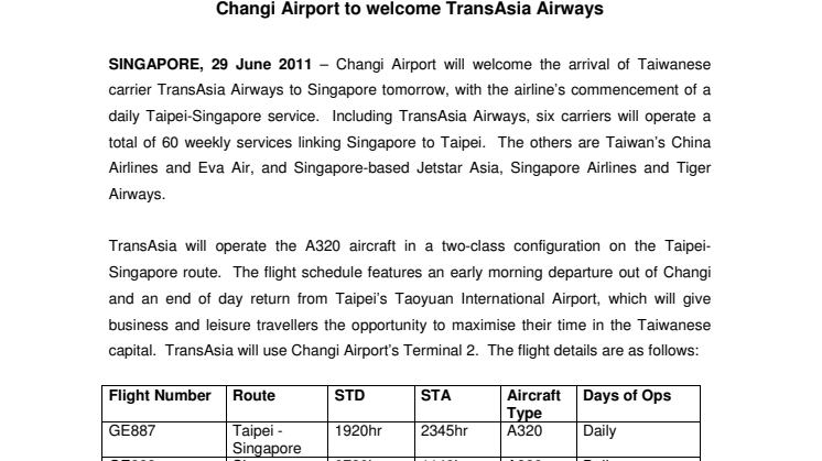 Changi Airport to welcome TransAsia Airways