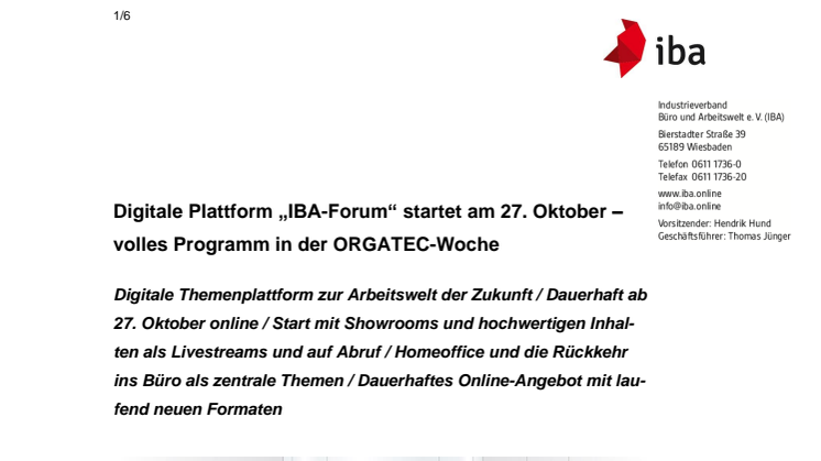 Digitale Plattform „IBA-Forum“ startet am 27. Oktober – volles Programm in der ORGATEC-Woche