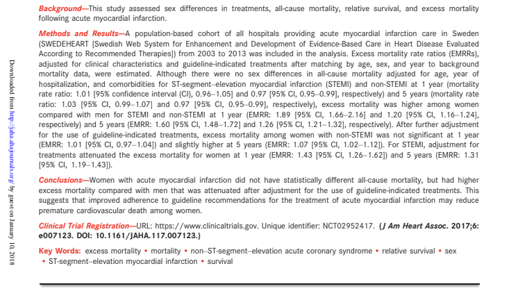 Studie: Sex Differences in Treatments, Relative Survival, and Excess Mortality Following Acute Myocardial Infarction: National Cohort Study Using the SWEDEHEART Registry