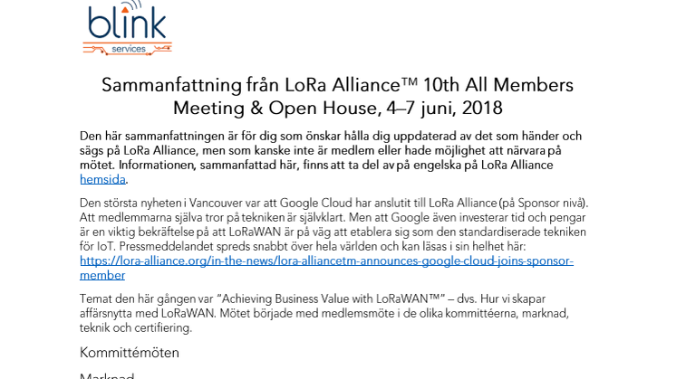 Sammanfattning LoRa Alliance™ Committe Meetings Vancouver 