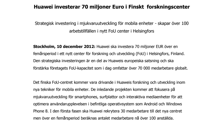 Huawei investerar 70 miljoner Euro i Finskt  forskningscenter