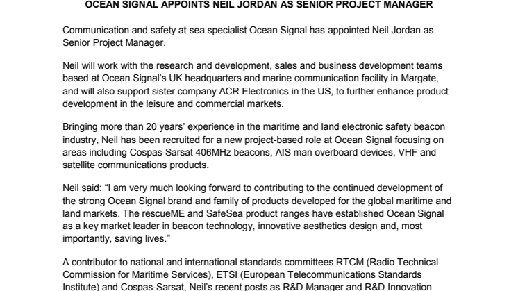 Ocean Signal Appoints Neil Jordan as Senior Project Manager 