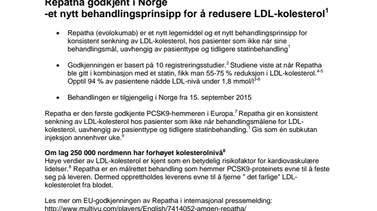 Repatha godkjent i Norge - et nytt behandlingsprinsipp for å redusere LDL-kolesterol