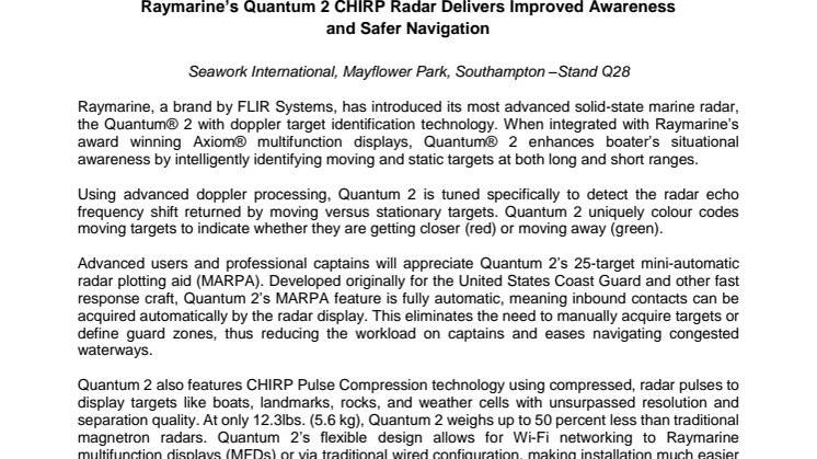 Raymarine: Raymarine’s Quantum 2 CHIRP Radar Delivers Improved Awareness  and Safer Navigation