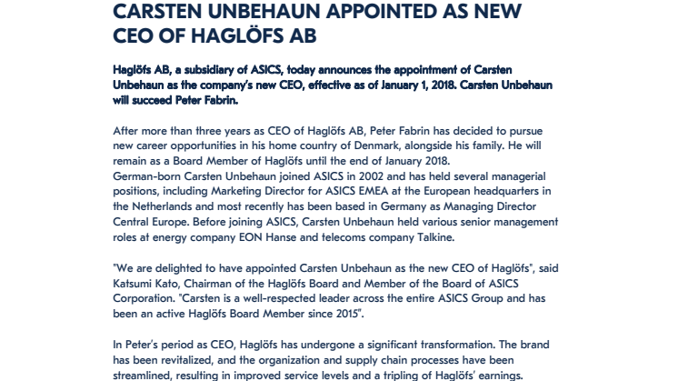 CARSTEN UNBEHAUN APPOINTED AS NEW CEO OF HAGLOFS AB Haglofs