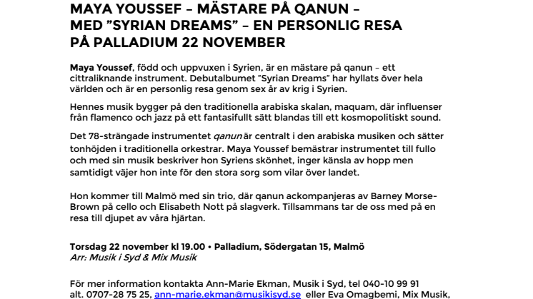 Maya Youssef – mästare på qanun – med "Syrian Dreams" – en personlig resa på Palladium Malmö 22 november