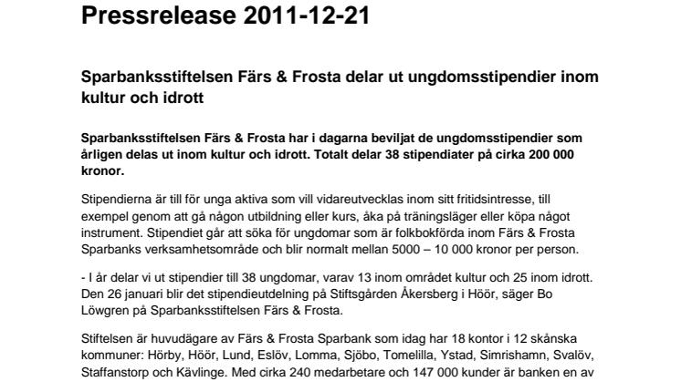 Sparbanksstiftelsen Färs & Frosta delar ut ungdomsstipendier inom kultur och idrott