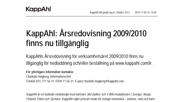 KappAhl: Årsredovisning 2009/2010 finns nu tillgänglig
