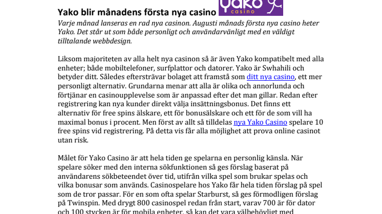 Yako blir månadens första nya casino