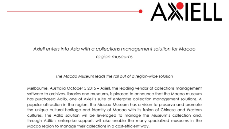 Axiell enters into Asia with a collections management solution for Macao region museums