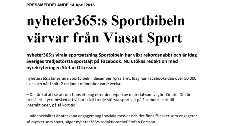 nyheter365:s Sportbibeln värvar från Viasat Sport