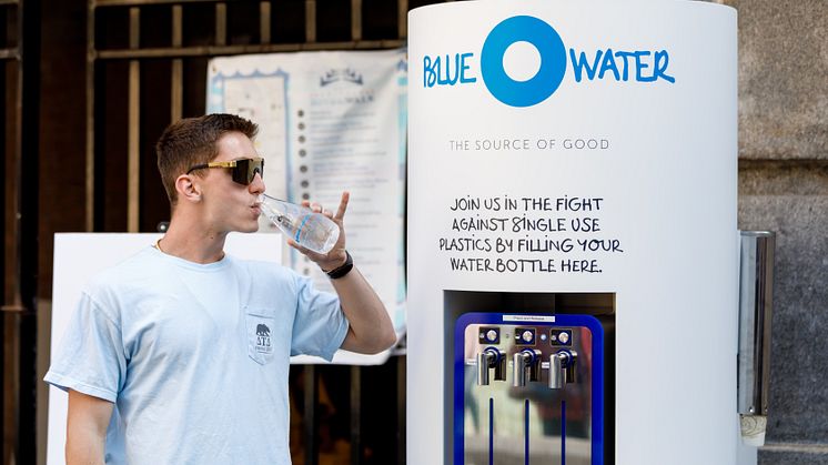 A Bluewater hydration station in Chicago, outside the downtown Chicago McCormick  Bridgehouse and Chicago River Museum, turns tap water into pristine drinking water.