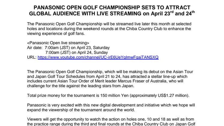 Panasonic Open Golf Championship Sets To Attract Global Audience With Live Streaming On April 23rd And 24th