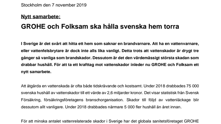 Nytt samarbete:  GROHE och Folksam ska hålla svenska hem torra