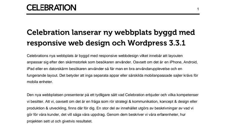 Celebration lanserar ny webbplats byggd med responsive web design och Wordpress 3.3.1