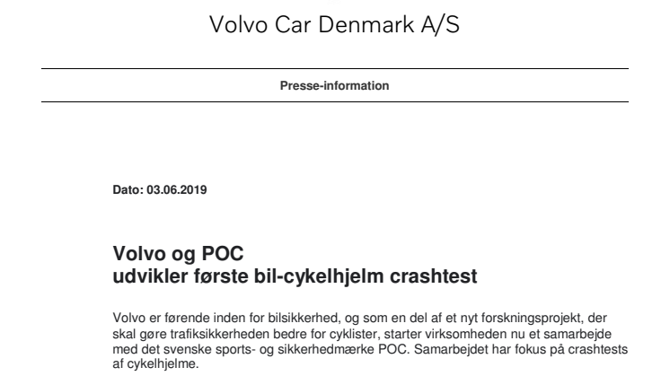 Volvo og POC  udvikler første bil-cykelhjelm crashtest