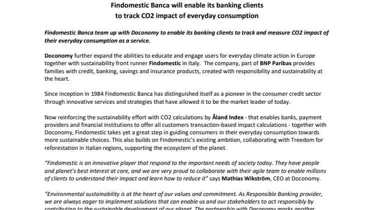 Findomestic Banca will enable its banking clients to track CO2 impact of everyday consumption