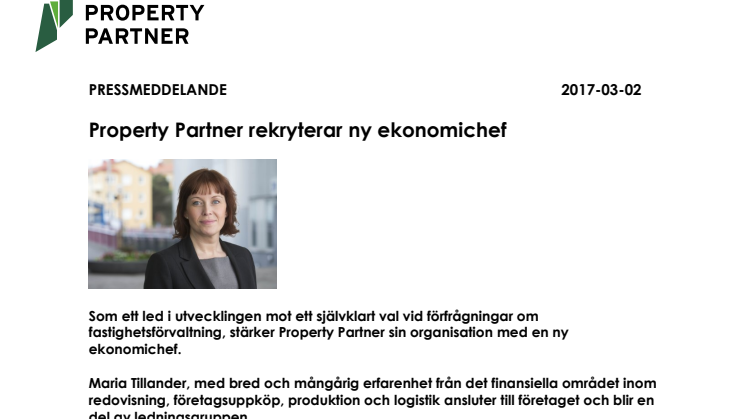 Property Partner rekryterar ny ekonomichef