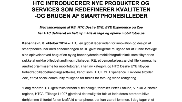 HTC INTRODUCERER NYE PRODUKTER OG SERVICES SOM REDEFINERER KVALITETEN -OG BRUGEN AF SMARTPHONEBILLEDER