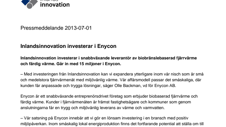 Inlandsinnovation investerar i Enycon
