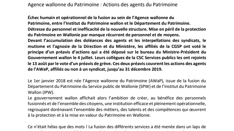 CGSP AMIO : Agence wallonne du Patrimoine : Actions des agents du Patrimoine