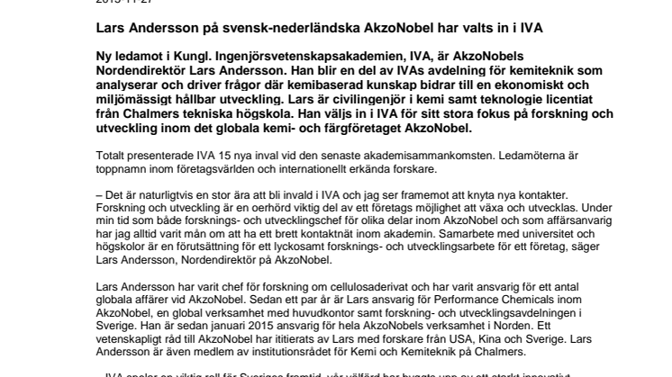 Lars Andersson på svensk-nederländska AkzoNobel har valts in i IVA