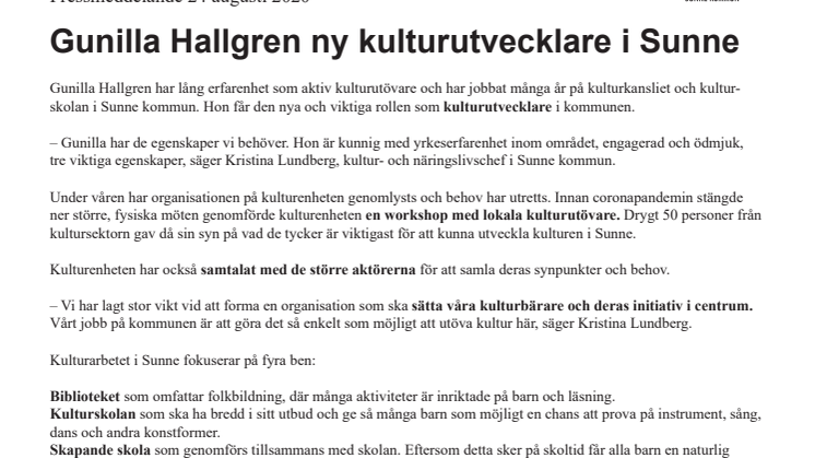 Gunilla Hallgren ny kulturutvecklare i Sunne