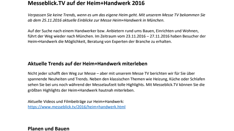 Messeblick.TV auf der Heim+Handwerk 2016