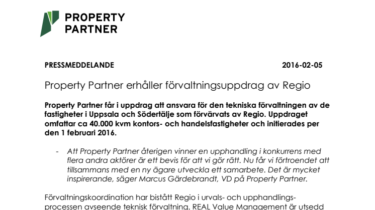 Property Partner erhåller förvaltningsuppdrag av Regio
