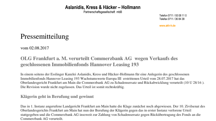 OLG Frankfurt a.M. verurteilt Commerzbank AG wegen Falschberatung einer Hannover Leasing 193 Anlegerin