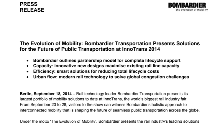 Bombardier presenterar framtidens transportlösningar på InnoTrans