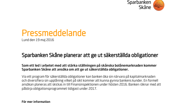 Sparbanken Skåne planerar att ge ut säkerställda obligationer