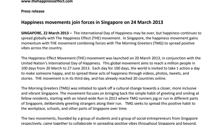 Happiness movements join forces in Singapore on 24 March 2013