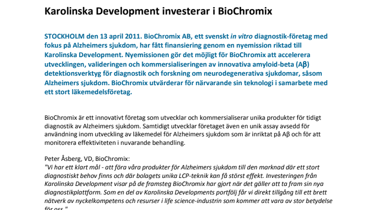 Karolinska Development investerar i UIC-företaget BioChromix