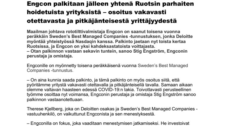 Engcon palkitaan jälleen yhtenä Ruotsin parhaiten hoidetuista yrityksistä – osoitus vakavasti otettavasta ja pitkäjänteisestä yrittäjyydestä