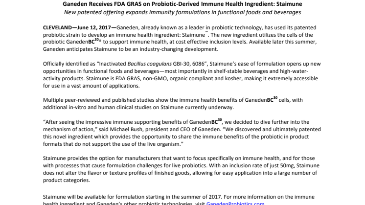 Press Release – Ganeden Receives FDA GRAS on Probiotic-Derived Immune Health Ingredient: Staimune